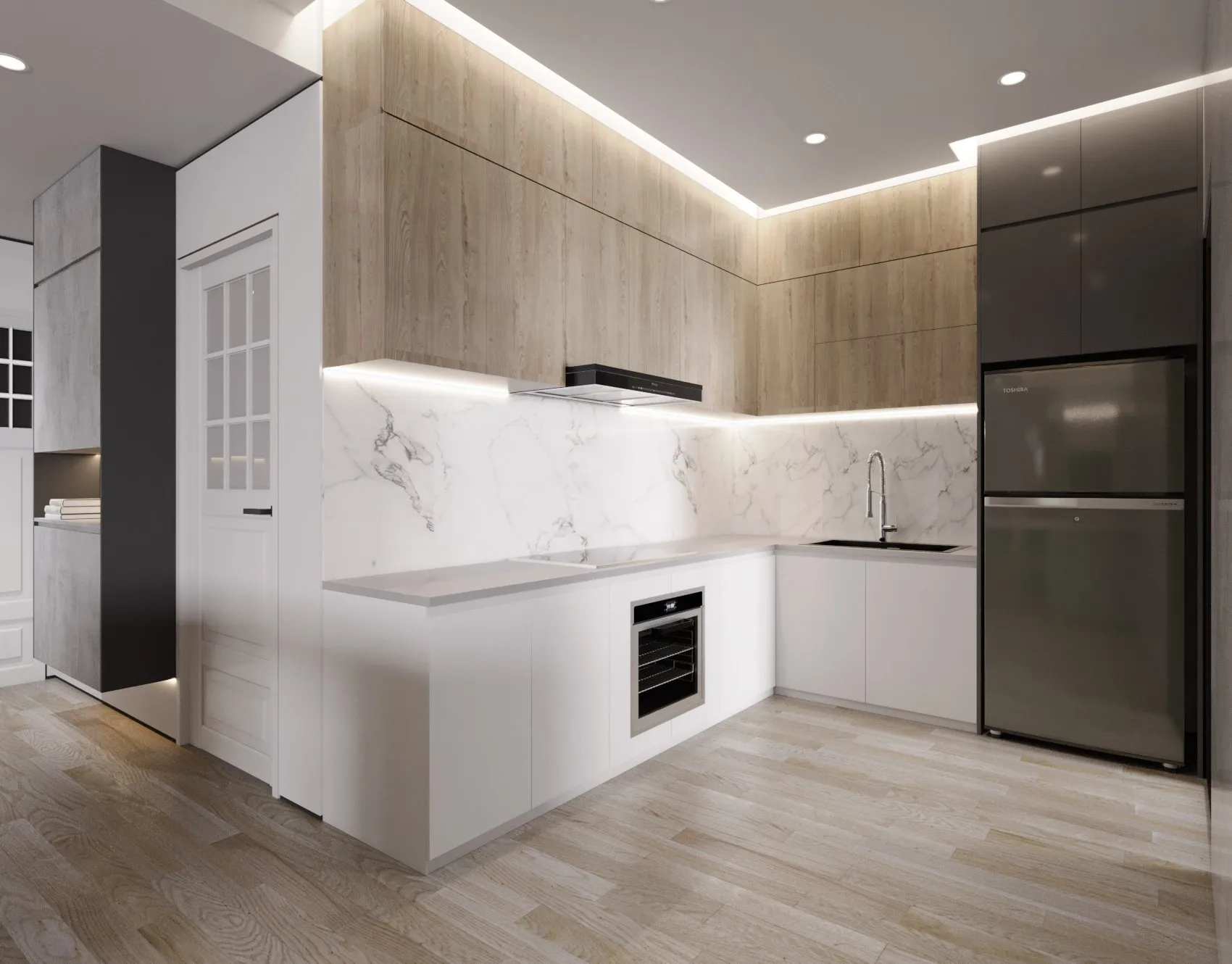Top Thiết Kế Tủ Bếp Gỗ Phủ Melamine Hiện Đại: Thiết Kế Tinh Tế Với Đường Nét Tối Giản 50 H5