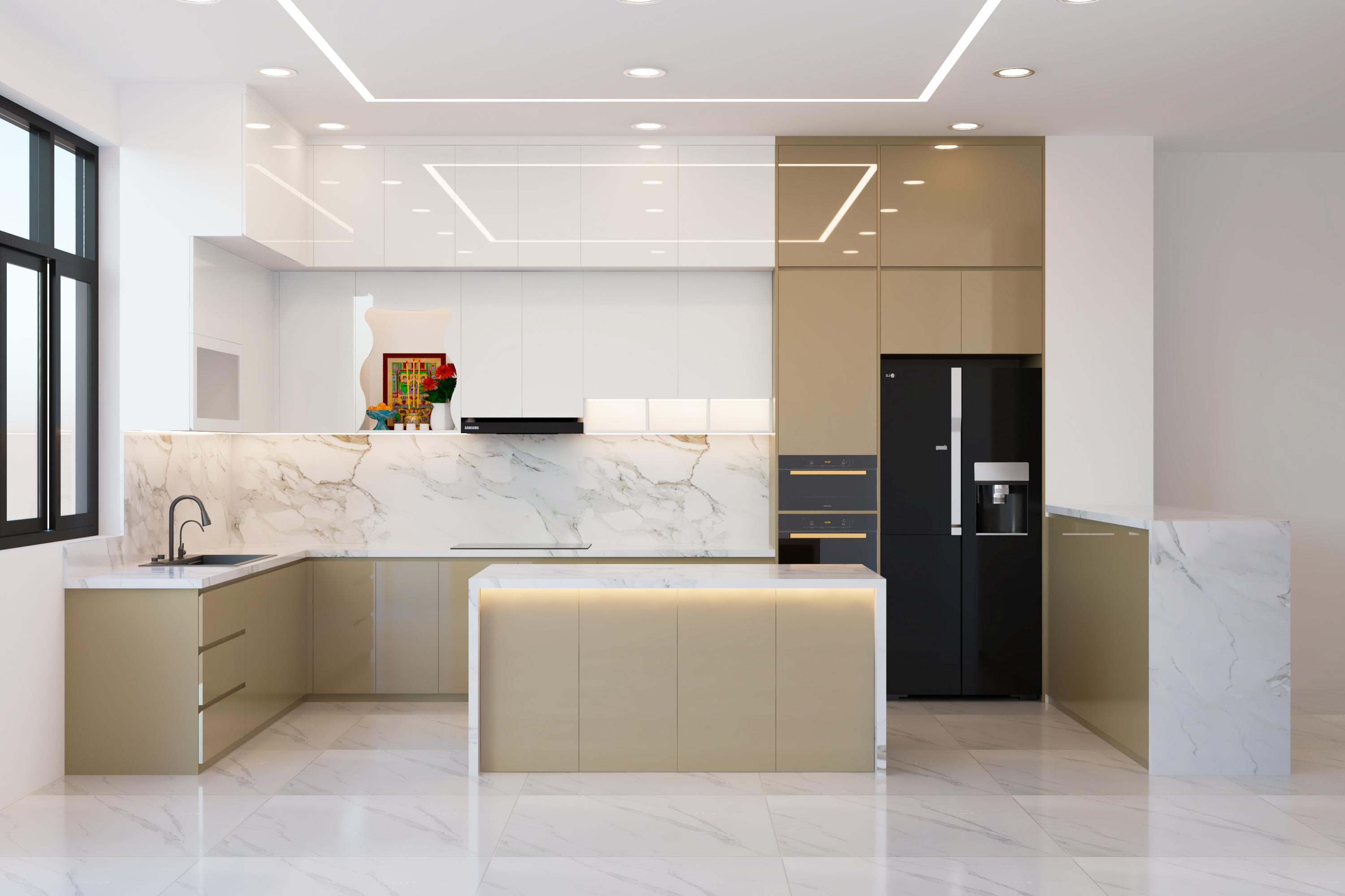 Hệ Tủ Bếp Acrylic Màu Hạnh Nhân GP 3 Bếp Acrylic