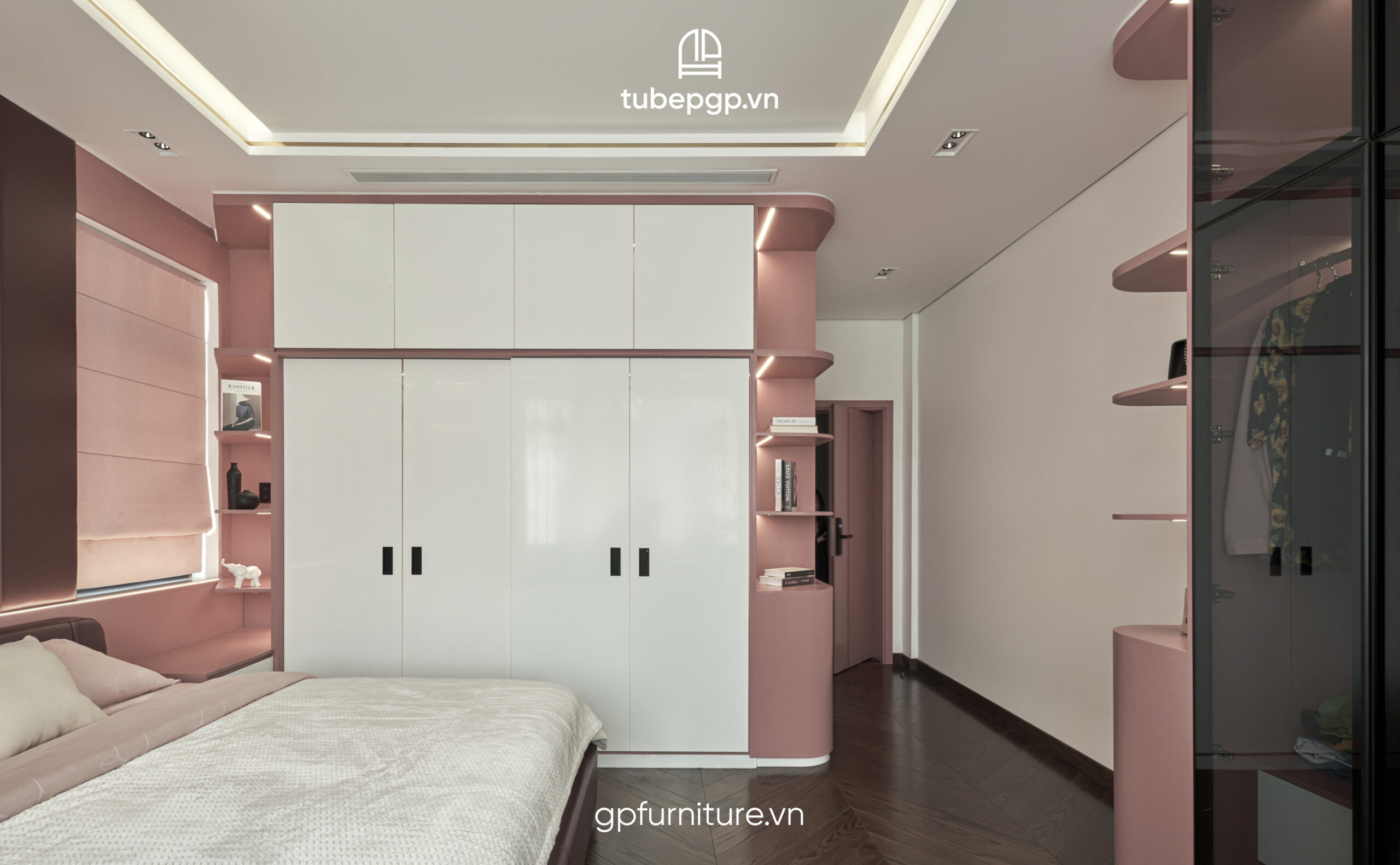 phòng ngủ màu hồng pastel hiện đại gp furniture tủ áo cửa lùa cao cấp 